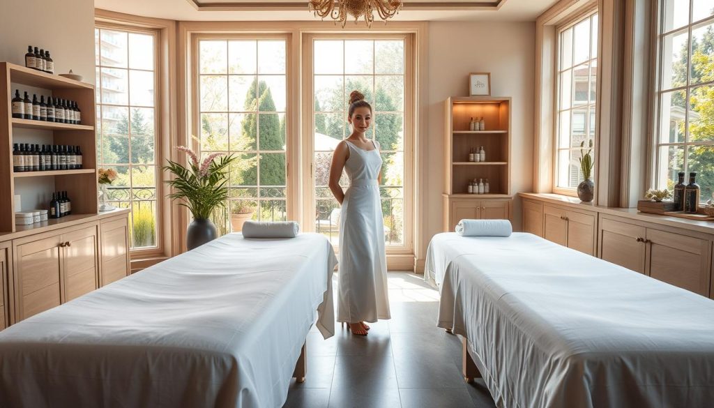 An elegant and tranquil massage studio in the heart of Istanbul, bathed in soft natural light filtering through large windows. Plush massage tables stand ready, adorned with crisp white linens. Shelves display an array of therapeutic oils and lotions, their labels neatly organized. In the background, a serene garden vista adds to the calming ambiance. The space exudes professionalism and attention to detail, setting the stage for an exceptional, luxurious massage experience. A skilled masseuse, poised and attentive, waits to guide clients on a journey of relaxation and rejuvenation. An elegant and tranquil massage studio in the heart of Istanbul, bathed in soft natural light filtering through large windows. Plush massage tables stand ready, adorned with crisp white linens. Shelves display an array of therapeutic oils and lotions, their labels neatly organized. In the background, a serene garden vista adds to the calming ambiance. The space exudes professionalism and attention to detail, setting the stage for an exceptional, luxurious massage experience. A skilled masseuse, poised and attentive, waits to guide clients on a journey of relaxation and rejuvenation.