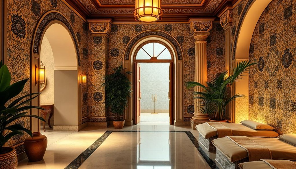 An elegant interior of an Istanbul spa, bathed in soft, warm lighting. Intricate Turkish tile work adorns the walls, creating a timeless, atmospheric ambiance. Plush, luxurious fabrics and textures evoke a sense of tranquility and indulgence. Ornate architectural details, such as arched doorways and decorative columns, frame the serene scene. Lush, verdant potted plants and subtle hints of gold accents enhance the overall opulent, yet serene, aesthetic. The space exudes a timeless, sophisticated charm that captures the essence of Istanbul's rich wellness heritage. An elegant interior of an Istanbul spa, bathed in soft, warm lighting. Intricate Turkish tile work adorns the walls, creating a timeless, atmospheric ambiance. Plush, luxurious fabrics and textures evoke a sense of tranquility and indulgence. Ornate architectural details, such as arched doorways and decorative columns, frame the serene scene. Lush, verdant potted plants and subtle hints of gold accents enhance the overall opulent, yet serene, aesthetic. The space exudes a timeless, sophisticated charm that captures the essence of Istanbul's rich wellness heritage.