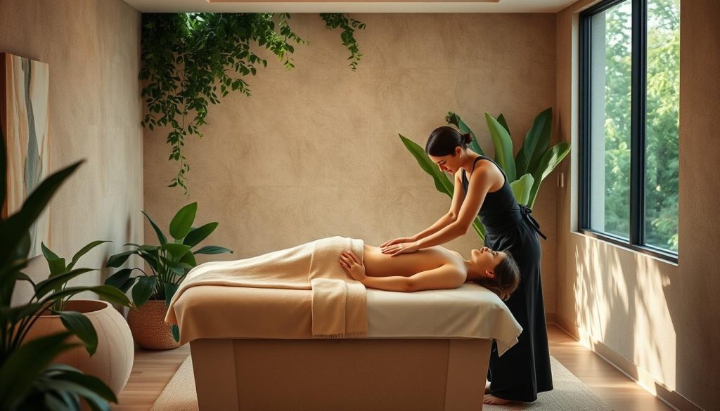 An elegant spa interior with lush greenery, natural light, and soothing tones. A skilled masseuse kneads and relaxes a client on a padded massage table, their face obscured. The room is filled with the aroma of essential oils, the soft sounds of calming music, and the gentle touch of expert hands. Textured walls, plush fabrics, and minimalist decor create a tranquil, rejuvenating atmosphere. The scene invites the viewer to imagine the indulgent, therapeutic experience of the finest massage in Istanbul. An elegant spa interior with lush greenery, natural light, and soothing tones. A skilled masseuse kneads and relaxes a client on a padded massage table, their face obscured. The room is filled with the aroma of essential oils, the soft sounds of calming music, and the gentle touch of expert hands. Textured walls, plush fabrics, and minimalist decor create a tranquil, rejuvenating atmosphere. The scene invites the viewer to imagine the indulgent, therapeutic experience of the finest massage in Istanbul.