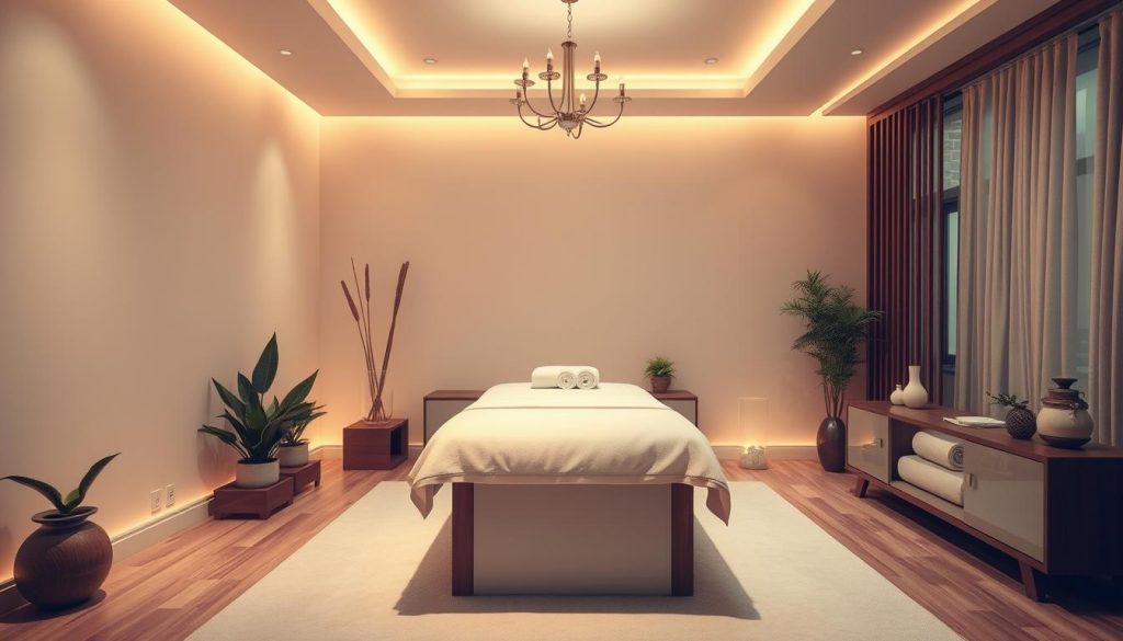 An elegantly designed massage parlor interior, bathed in warm, soothing lighting. A plush, inviting massage table takes center stage, surrounded by natural elements like potted plants and wooden accents. The atmosphere exudes tranquility and relaxation, with soft textures and muted colors creating a calming ambiance. Luxurious linens and spa-like amenities hint at the pampering experience awaiting the client. Harmonious lines and a minimalist aesthetic convey a sense of professionalism and attention to detail, promising a rejuvenating and indulgent massage session. An elegantly designed massage parlor interior, bathed in warm, soothing lighting. A plush, inviting massage table takes center stage, surrounded by natural elements like potted plants and wooden accents. The atmosphere exudes tranquility and relaxation, with soft textures and muted colors creating a calming ambiance. Luxurious linens and spa-like amenities hint at the pampering experience awaiting the client. Harmonious lines and a minimalist aesthetic convey a sense of professionalism and attention to detail, promising a rejuvenating and indulgent massage session.