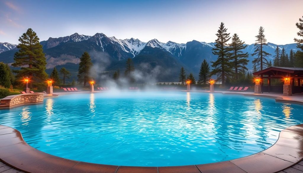 An expansive thermal pool set against a backdrop of rugged, snow-capped mountains. The inviting turquoise waters are enveloped in a gentle mist, creating a serene and rejuvenating atmosphere. Warm, ambient lighting casts a soft glow, complementing the natural stone surroundings. Lush greenery and towering pine trees frame the scene, blending the manmade and the natural. The pool's smooth, curved edges lead the eye inward, inviting visitors to immerse themselves in the therapeutic waters and bask in the tranquility of this idyllic thermal oasis. An expansive thermal pool set against a backdrop of rugged, snow-capped mountains. The inviting turquoise waters are enveloped in a gentle mist, creating a serene and rejuvenating atmosphere. Warm, ambient lighting casts a soft glow, complementing the natural stone surroundings. Lush greenery and towering pine trees frame the scene, blending the manmade and the natural. The pool's smooth, curved edges lead the eye inward, inviting visitors to immerse themselves in the therapeutic waters and bask in the tranquility of this idyllic thermal oasis.