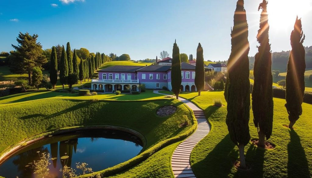 An idyllic Casa Lavanda Hotel & Spa nestled amidst the rolling hills of Şile, Istanbul. The elegant, lavender-hued facade stands in harmonious contrast with the lush, verdant landscape. Tranquil ponds reflect the azure sky, while a winding path leads guests through meticulously manicured gardens. Sunlight filters through tall cypress trees, casting a warm, golden glow over the serene scene. The architecture blends seamlessly with its natural surroundings, embodying a sense of peaceful luxury and seclusion. Visitors are invited to immerse themselves in the restorative essence of this haven, where modern comforts and the restorative power of nature converge. An idyllic Casa Lavanda Hotel & Spa nestled amidst the rolling hills of Şile, Istanbul. The elegant, lavender-hued facade stands in harmonious contrast with the lush, verdant landscape. Tranquil ponds reflect the azure sky, while a winding path leads guests through meticulously manicured gardens. Sunlight filters through tall cypress trees, casting a warm, golden glow over the serene scene. The architecture blends seamlessly with its natural surroundings, embodying a sense of peaceful luxury and seclusion. Visitors are invited to immerse themselves in the restorative essence of this haven, where modern comforts and the restorative power of nature converge.