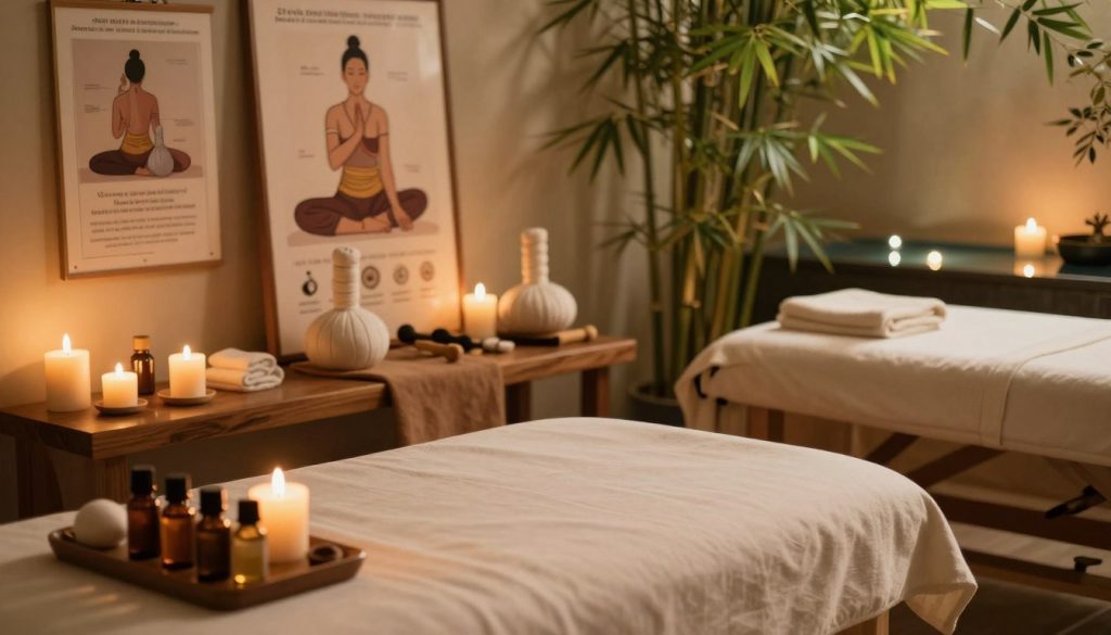 An inviting and serene spa setting featuring a wooden massage table surrounded by soft, natural fabrics and warm ambient lighting. In the foreground, an array of essential oils and aromatic candles arranged neatly, conveying the elements of aromatherapy. In the middle ground, symbols of different massage techniques including a poster or illustration of Thai massage stretches, sports massage tools, and deep tissue therapy equipment displayed artistically. The background showcases a peaceful environment with bamboo plants and calming water elements, enhancing tranquility. The overall atmosphere should evoke relaxation and wellness, using warm, soft light to create a soothing mood, perfect for a massage therapy context. No human figures are present in the image. An inviting and serene spa setting featuring a wooden massage table surrounded by soft, natural fabrics and warm ambient lighting. In the foreground, an array of essential oils and aromatic candles arranged neatly, conveying the elements of aromatherapy. In the middle ground, symbols of different massage techniques including a poster or illustration of Thai massage stretches, sports massage tools, and deep tissue therapy equipment displayed artistically. The background showcases a peaceful environment with bamboo plants and calming water elements, enhancing tranquility. The overall atmosphere should evoke relaxation and wellness, using warm, soft light to create a soothing mood, perfect for a massage therapy context. No human figures are present in the image.