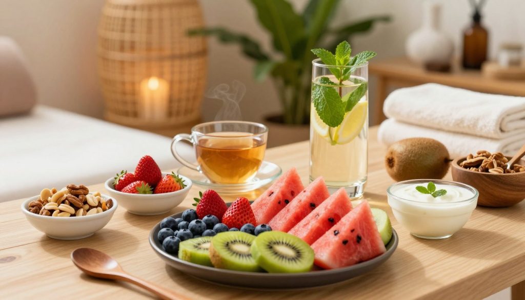 An inviting and serene table set for a post-massage healthy meal, featuring a variety of colorful fruits, fresh vegetables, and light snacks. In the foreground, display a vibrant fruit platter arranged with strawberries, blueberries, kiwi, and watermelon, alongside small bowls of nuts and yogurt. The middle section should showcase refreshing herbal teas and an elegant glass of infused water with mint and lemon. In the background, soft, natural lighting creates a warm atmosphere, illuminating a calming spa-like environment with bamboo and calming green plants. Incorporate subtle textures such as soft fabrics and wooden accents to enhance the sense of relaxation and nourishment. The overall mood should evoke tranquility and wellness, ideal for encouraging mindful eating after a massage. An inviting and serene table set for a post-massage healthy meal, featuring a variety of colorful fruits, fresh vegetables, and light snacks. In the foreground, display a vibrant fruit platter arranged with strawberries, blueberries, kiwi, and watermelon, alongside small bowls of nuts and yogurt. The middle section should showcase refreshing herbal teas and an elegant glass of infused water with mint and lemon. In the background, soft, natural lighting creates a warm atmosphere, illuminating a calming spa-like environment with bamboo and calming green plants. Incorporate subtle textures such as soft fabrics and wooden accents to enhance the sense of relaxation and nourishment. The overall mood should evoke tranquility and wellness, ideal for encouraging mindful eating after a massage.
