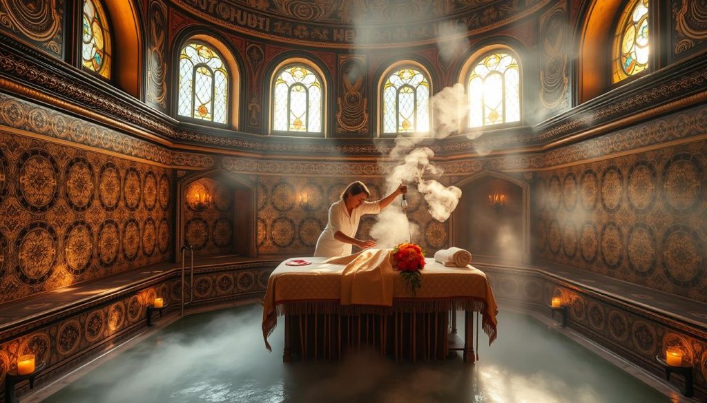 An ornate, centuries-old Turkish bath house, its intricate tile work aglow with warm, ambient lighting. Sunlight filters through stained glass windows, casting a soft, hazy glow. In the center, a sumptuously decorated massage table, draped in rich fabrics and adorned with fragrant flowers. Steam curls lazily in the air, creating a sense of tranquility and timeless elegance. The massage therapist, their movements graceful and practiced, tends to the guest with the utmost care and attention, guiding them on a journey of total relaxation and rejuvenation, surrounded by the history and beauty of this captivating Istanbul sanctuary. An ornate, centuries-old Turkish bath house, its intricate tile work aglow with warm, ambient lighting. Sunlight filters through stained glass windows, casting a soft, hazy glow. In the center, a sumptuously decorated massage table, draped in rich fabrics and adorned with fragrant flowers. Steam curls lazily in the air, creating a sense of tranquility and timeless elegance. The massage therapist, their movements graceful and practiced, tends to the guest with the utmost care and attention, guiding them on a journey of total relaxation and rejuvenation, surrounded by the history and beauty of this captivating Istanbul sanctuary.