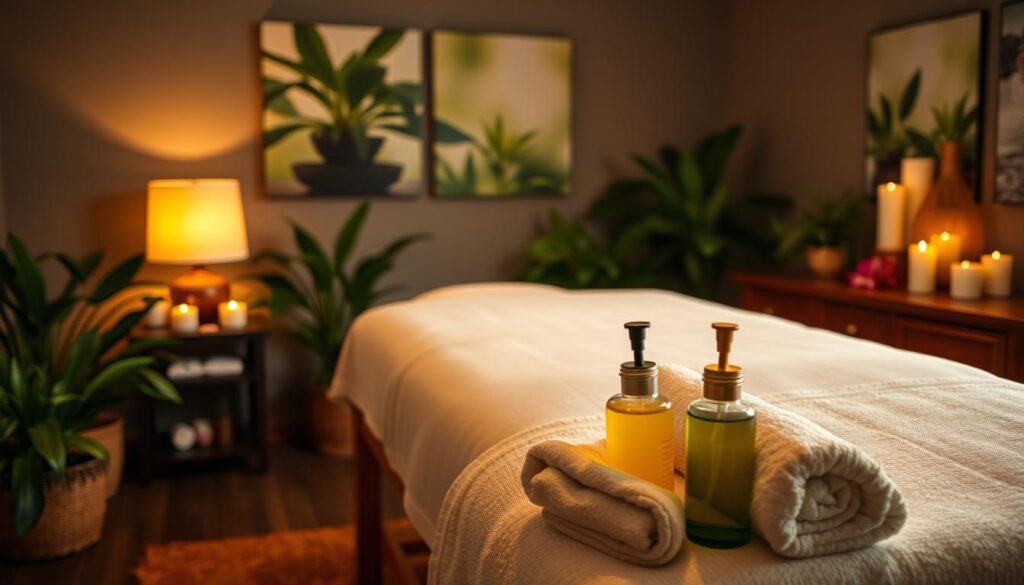 Aromatherapy massage session in a serene spa-like setting. Peaceful and dimly lit room with soft lighting from a table lamp, candles, and diffused natural light. Elegant wooden massage table with crisp white linens, surrounded by potted plants and peaceful nature imagery. Lush green foliage, flowers, and essential oil diffuser create a calming, earthy atmosphere. Warm, soothing massage oils and towels in the foreground, creating a sense of tranquility and relaxation. Absence of any human figures allows the viewer to focus on the serene environment and the therapeutic elements of the aromatherapy massage experience. Aromatherapy massage session in a serene spa-like setting. Peaceful and dimly lit room with soft lighting from a table lamp, candles, and diffused natural light. Elegant wooden massage table with crisp white linens, surrounded by potted plants and peaceful nature imagery. Lush green foliage, flowers, and essential oil diffuser create a calming, earthy atmosphere. Warm, soothing massage oils and towels in the foreground, creating a sense of tranquility and relaxation. Absence of any human figures allows the viewer to focus on the serene environment and the therapeutic elements of the aromatherapy massage experience.