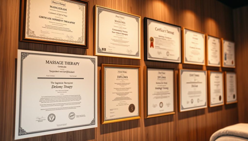 High-quality massage therapy certificates and diplomas hanging on the wall of a professional spa treatment room. The certificates are prominently displayed, showcasing the expert credentials and training of the experienced therapists. The lighting is soft and warm, creating a calming and inviting atmosphere. The background is blurred, with a focus on the certificates to highlight the skill and expertise of the practitioners. The image conveys a sense of trust, quality, and professionalism that would be suitable for the "Terapistlerin Deneyimi ve Sertifikaları" section of the article. High-quality massage therapy certificates and diplomas hanging on the wall of a professional spa treatment room. The certificates are prominently displayed, showcasing the expert credentials and training of the experienced therapists. The lighting is soft and warm, creating a calming and inviting atmosphere. The background is blurred, with a focus on the certificates to highlight the skill and expertise of the practitioners. The image conveys a sense of trust, quality, and professionalism that would be suitable for the "Terapistlerin Deneyimi ve Sertifikaları" section of the article.