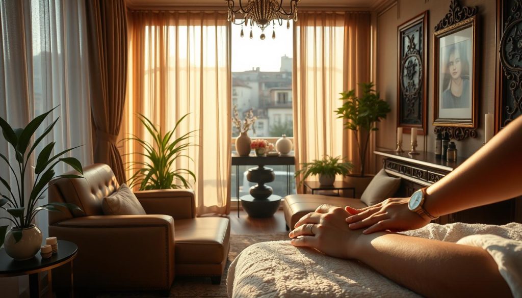 Serene Istanbul sanctuary: a luxurious boutique massage parlor nestled amidst the bustling city. Sunlight filters through sheer curtains, casting a warm glow on plush leather chairs and ornate wooden accents. Soft ambient music soothes the senses as aromatic essential oils diffuse throughout the space. In the foreground, a pair of skilled hands expertly kneads tension from weary muscles, offering a tranquil respite from the urban cacophony. The middle ground showcases elegant decor - potted plants, candles, and serene artwork - creating an oasis of calm. Fade to the background, where the muted sounds of the city provide a subtle backdrop, underscoring the private, exclusive nature of this rejuvenating retreat. Serene Istanbul sanctuary: a luxurious boutique massage parlor nestled amidst the bustling city. Sunlight filters through sheer curtains, casting a warm glow on plush leather chairs and ornate wooden accents. Soft ambient music soothes the senses as aromatic essential oils diffuse throughout the space. In the foreground, a pair of skilled hands expertly kneads tension from weary muscles, offering a tranquil respite from the urban cacophony. The middle ground showcases elegant decor - potted plants, candles, and serene artwork - creating an oasis of calm. Fade to the background, where the muted sounds of the city provide a subtle backdrop, underscoring the private, exclusive nature of this rejuvenating retreat.