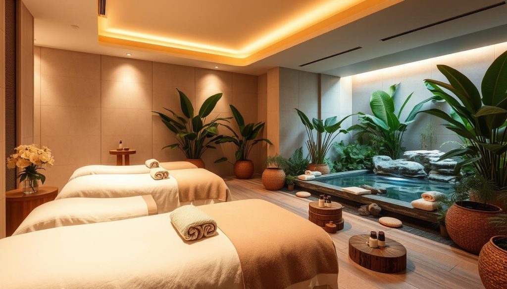 Serene spa sanctuary with soothing ambiance: Soft lighting casts a warm glow, highlighting the elegant decor of plush textures and natural elements. Inviting treatment rooms promise rejuvenating massages and pampering therapies, immersing visitors in an oasis of tranquility. Lush greenery and calming water features create a harmonious, nature-inspired setting, evoking a sense of well-being and relaxation. High-quality, professional services cater to those seeking a trusted, premium spa experience in the heart of the city. Serene spa sanctuary with soothing ambiance: Soft lighting casts a warm glow, highlighting the elegant decor of plush textures and natural elements. Inviting treatment rooms promise rejuvenating massages and pampering therapies, immersing visitors in an oasis of tranquility. Lush greenery and calming water features create a harmonious, nature-inspired setting, evoking a sense of well-being and relaxation. High-quality, professional services cater to those seeking a trusted, premium spa experience in the heart of the city.