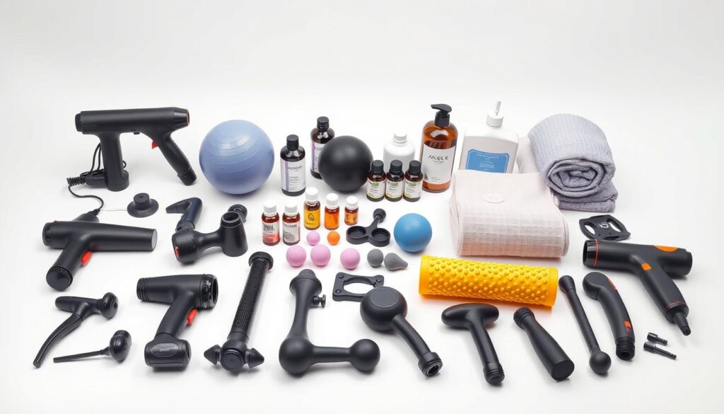 a high-quality, detailed photograph of various massage equipment and accessories laid out on a clean, white background. the foreground shows an array of massage tools including massage guns, vibrating massagers, foam rollers, massage balls, and acupressure mats. the middle ground features various essential oils, lotions, and towels used for massage therapy. the background is a simple, clean, well-lit setting that allows the massage equipment to be the focus of the image. the overall mood is professional, clinical, and informative, showcasing the different types of massage tools and their technical specifications for use in a massage therapy session. a high-quality, detailed photograph of various massage equipment and accessories laid out on a clean, white background. the foreground shows an array of massage tools including massage guns, vibrating massagers, foam rollers, massage balls, and acupressure mats. the middle ground features various essential oils, lotions, and towels used for massage therapy. the background is a simple, clean, well-lit setting that allows the massage equipment to be the focus of the image. the overall mood is professional, clinical, and informative, showcasing the different types of massage tools and their technical specifications for use in a massage therapy session.