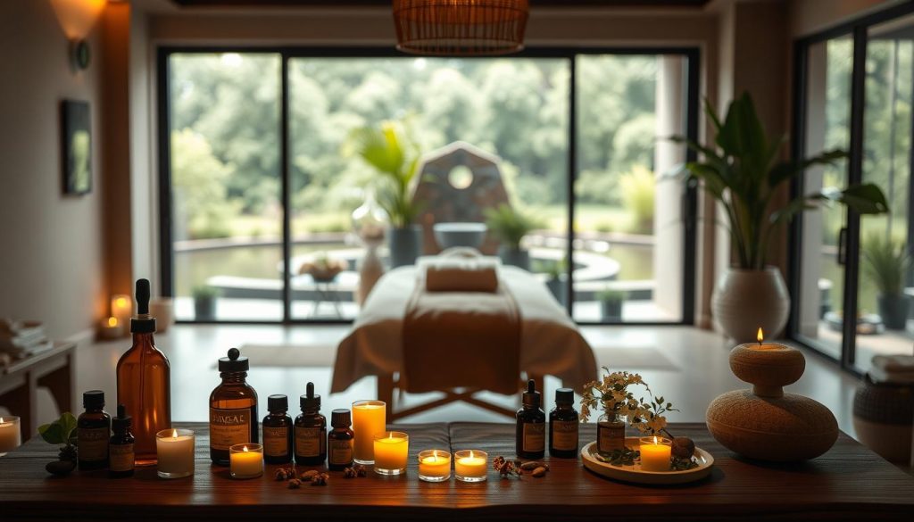 a highly detailed, photorealistic image of a spa experience featuring aromatherapy and reflexology treatments. the scene depicts a serene, dimly lit spa environment with soft lighting and neutral-toned decor. in the foreground, an arrangement of essential oil bottles, candles, and other aromatherapy elements are placed on a wooden table. the middle ground showcases a massage table adorned with plush linens and surrounded by potted plants and natural elements. in the background, a peaceful outdoor landscape with lush greenery and a calming water feature is visible through large windows. the overall atmosphere conveys a sense of tranquility, relaxation, and rejuvenation. a highly detailed, photorealistic image of a spa experience featuring aromatherapy and reflexology treatments. the scene depicts a serene, dimly lit spa environment with soft lighting and neutral-toned decor. in the foreground, an arrangement of essential oil bottles, candles, and other aromatherapy elements are placed on a wooden table. the middle ground showcases a massage table adorned with plush linens and surrounded by potted plants and natural elements. in the background, a peaceful outdoor landscape with lush greenery and a calming water feature is visible through large windows. the overall atmosphere conveys a sense of tranquility, relaxation, and rejuvenation.