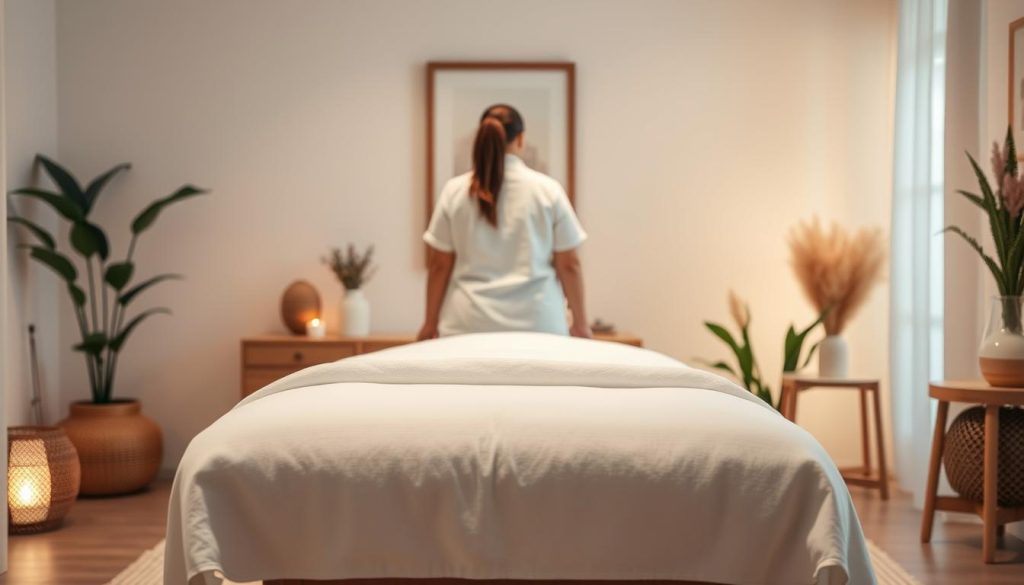 a professional massage therapist in a serene studio, soft lighting illuminating the scene, clean and minimalist decor, with plants and natural textures creating a calming ambiance, the massage table takes center stage, clean white linens and fluffy pillows, highlighting the tranquility and professionalism of the service, the therapist is not visible, the focus is on the relaxing environment, creating a sense of trust and rejuvenation a professional massage therapist in a serene studio, soft lighting illuminating the scene, clean and minimalist decor, with plants and natural textures creating a calming ambiance, the massage table takes center stage, clean white linens and fluffy pillows, highlighting the tranquility and professionalism of the service, the therapist is not visible, the focus is on the relaxing environment, creating a sense of trust and rejuvenation