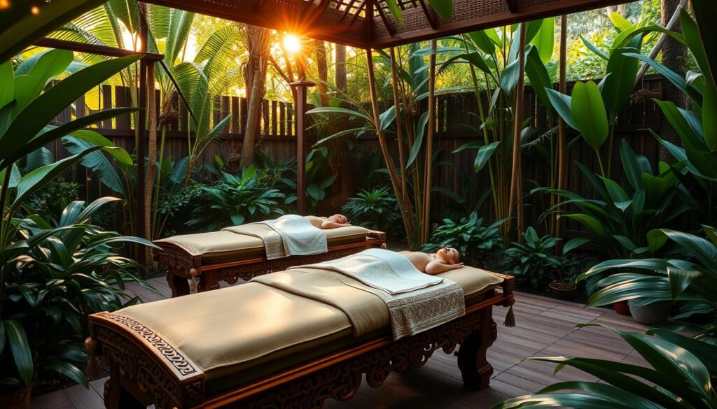 a serene balinese massage session in a lush tropical garden setting, featuring intricately carved wooden massage tables surrounded by vibrant foliage, with warm natural lighting filtering through the trees, creating a soothing and tranquil atmosphere ideal for a relaxing massage experience in istanbul a serene balinese massage session in a lush tropical garden setting, featuring intricately carved wooden massage tables surrounded by vibrant foliage, with warm natural lighting filtering through the trees, creating a soothing and tranquil atmosphere ideal for a relaxing massage experience in istanbul