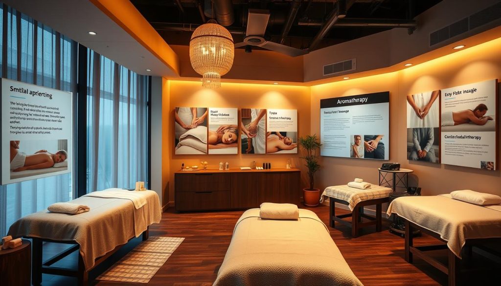 a serene massage studio with warm, natural lighting and soothing decor, showcasing various massage techniques such as Swedish, deep tissue, and aromatherapy, all displayed in a visually appealing and informative manner, capturing the essence of relaxation and rejuvenation, without any human presence or text overlay a serene massage studio with warm, natural lighting and soothing decor, showcasing various massage techniques such as Swedish, deep tissue, and aromatherapy, all displayed in a visually appealing and informative manner, capturing the essence of relaxation and rejuvenation, without any human presence or text overlay