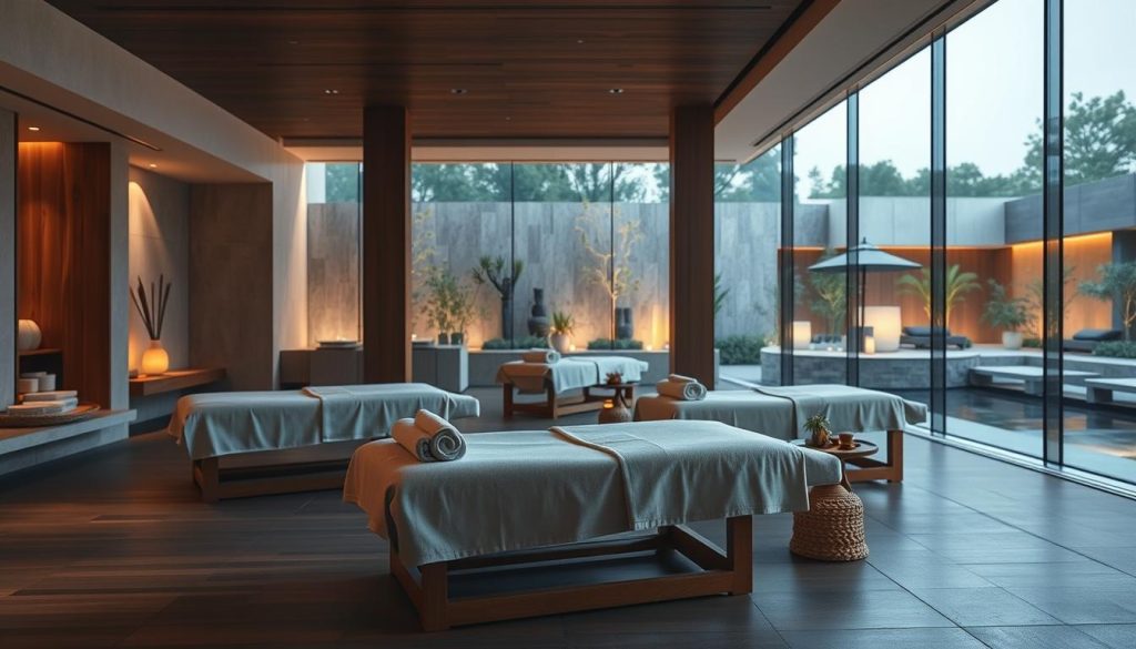 a tranquil and luxurious spa center, with a serene and calming atmosphere. The foreground features a modern, minimalist design with clean lines and natural materials like wood and stone. In the middle ground, there are comfortable massage tables surrounded by soft lighting and soothing décor. The background showcases a serene outdoor scene, perhaps with a garden or water feature, creating a sense of harmony and rejuvenation. The lighting is warm and diffused, creating a relaxing ambiance. The overall composition conveys a sense of well-being, relaxation, and the restorative power of a spa experience. a tranquil and luxurious spa center, with a serene and calming atmosphere. The foreground features a modern, minimalist design with clean lines and natural materials like wood and stone. In the middle ground, there are comfortable massage tables surrounded by soft lighting and soothing décor. The background showcases a serene outdoor scene, perhaps with a garden or water feature, creating a sense of harmony and rejuvenation. The lighting is warm and diffused, creating a relaxing ambiance. The overall composition conveys a sense of well-being, relaxation, and the restorative power of a spa experience.
